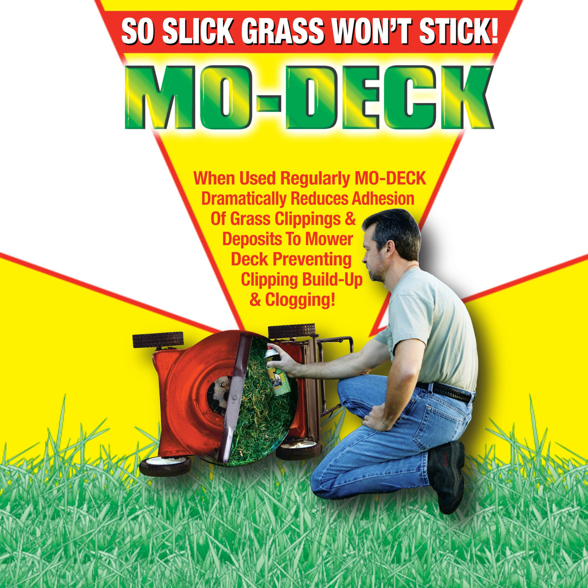 Before use, grass clipping buildup on a mower deck.