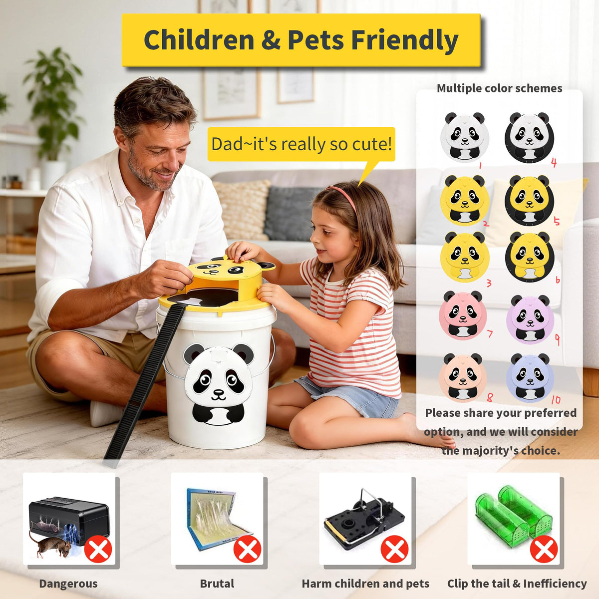 Generic mouse traps bucket demonstrates humane design reducing risk to pets and children