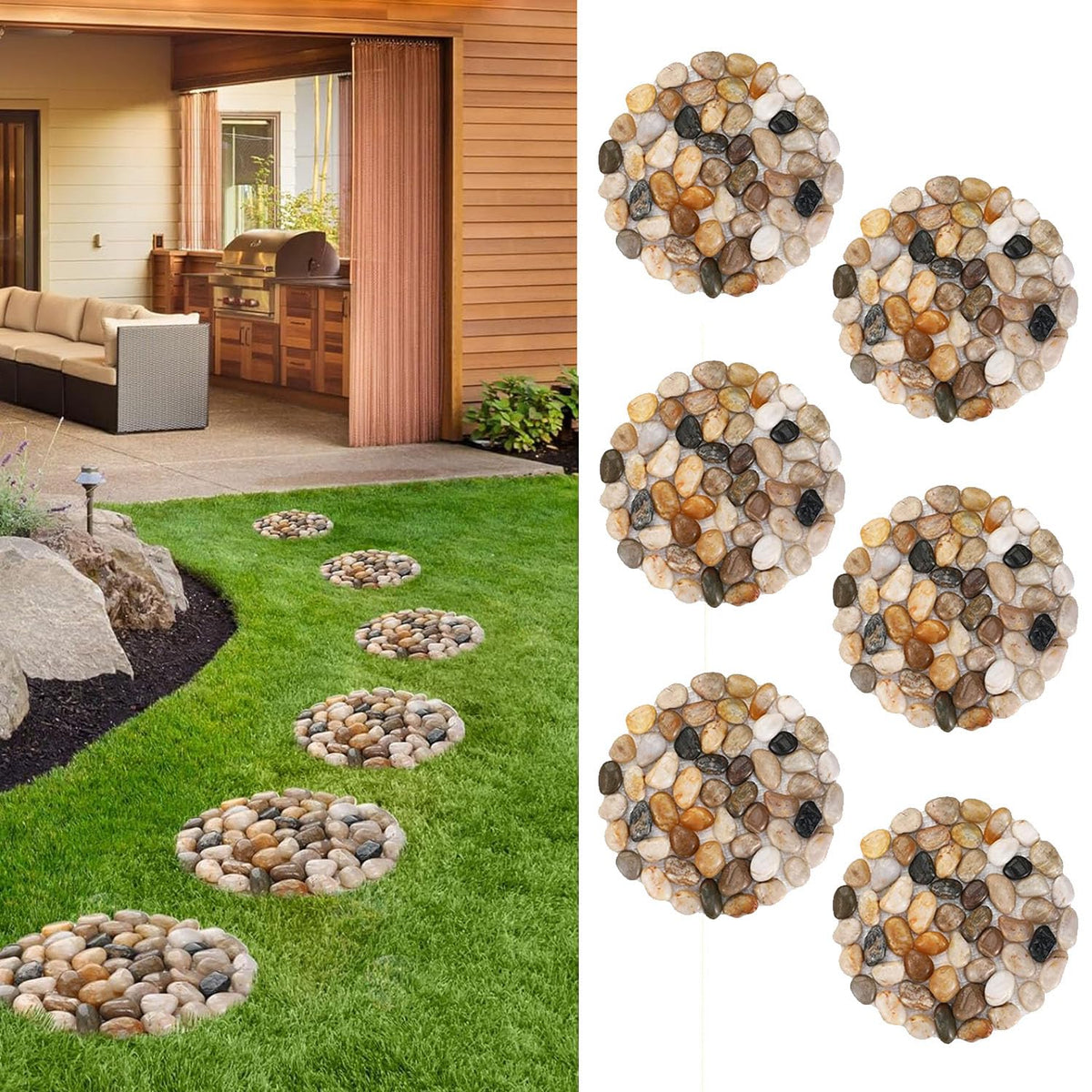 Generic natural pebble stepping stones arranged for a six-piece outdoor pathway.