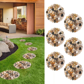 Generic natural pebble stepping stones arranged for a six-piece outdoor pathway.