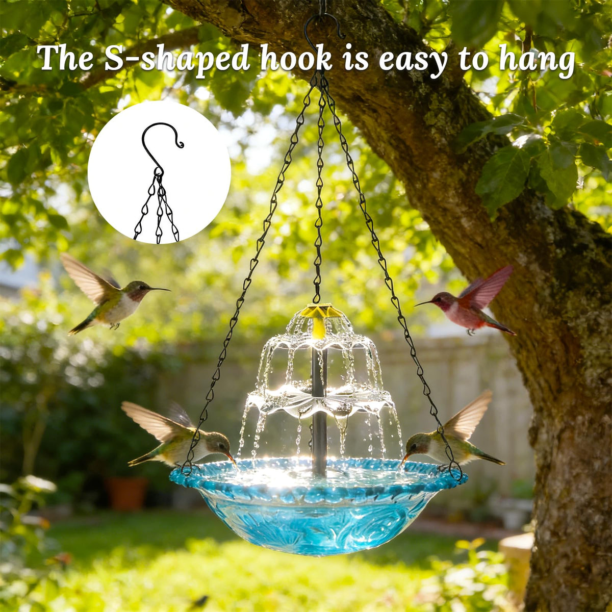 Generic outdoor bird bath with flowing water invites hummingbirds to visit