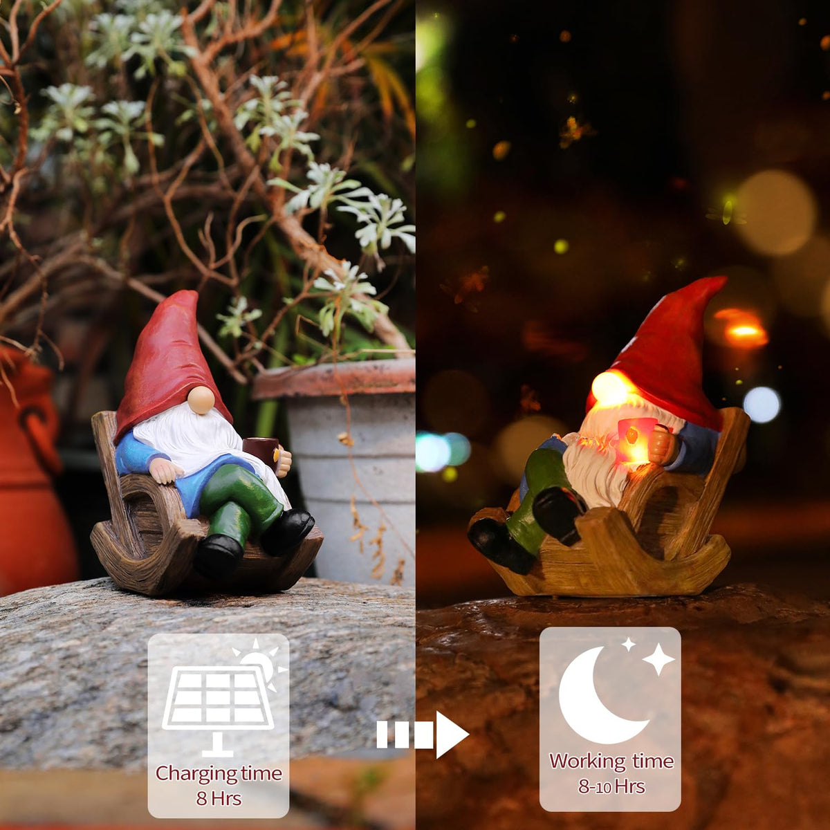 Generic outdoor garden gnome decor enhances yard ambiance day and night