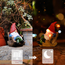 Generic outdoor garden gnome decor enhances yard ambiance day and night