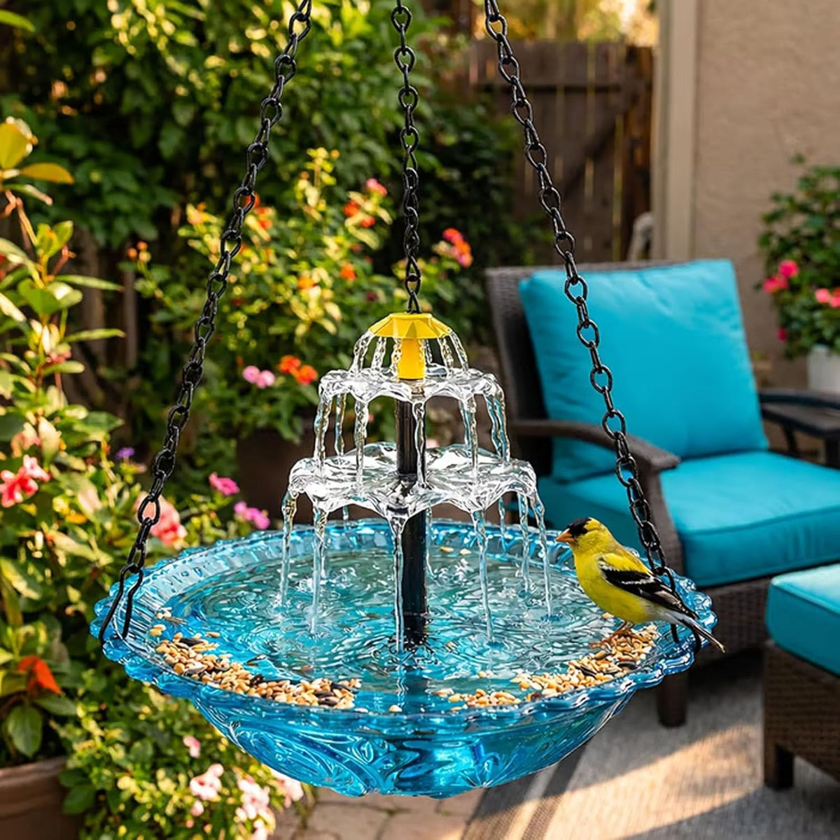 Generic outdoor solar fountain display enhances garden decor and ambience