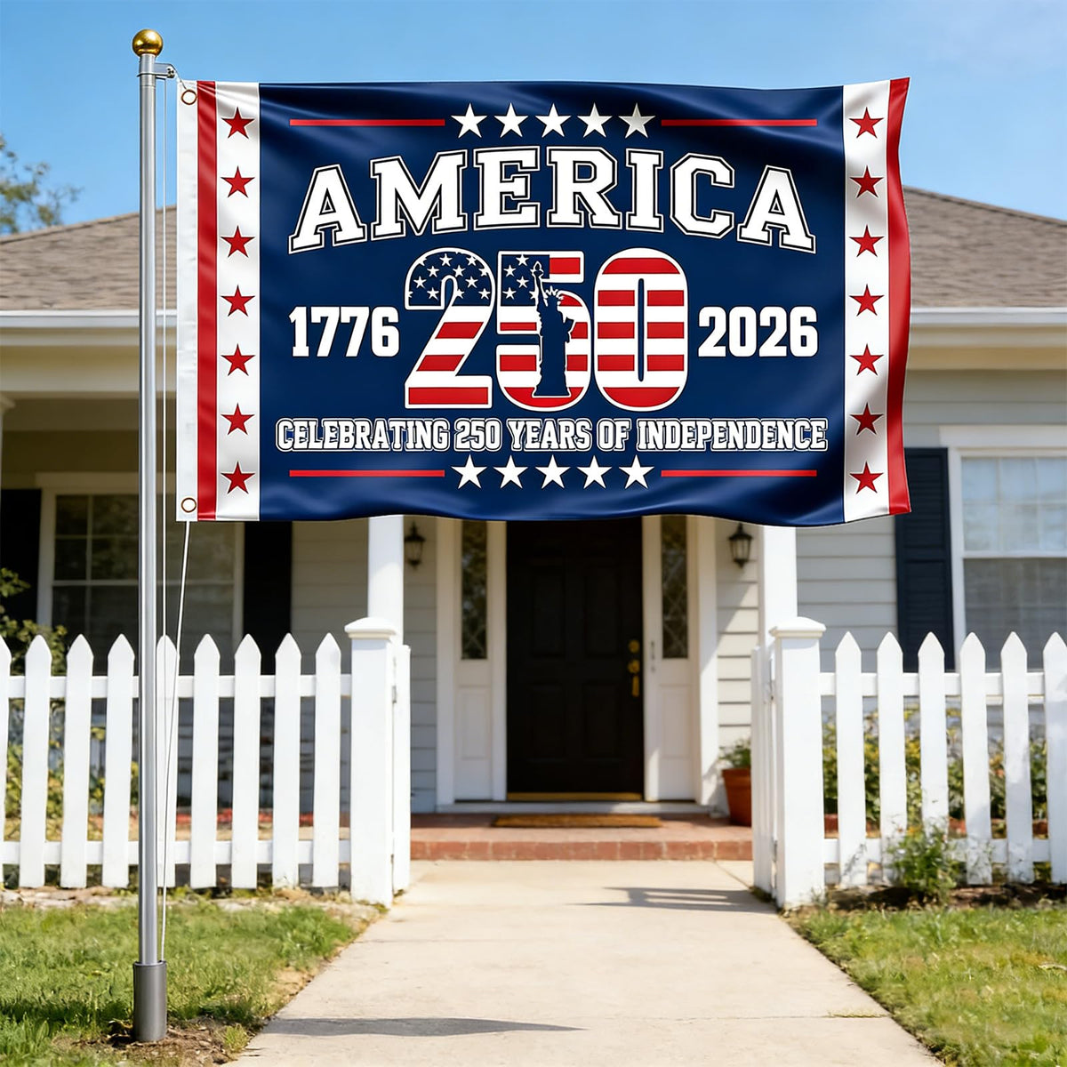 Generic patriotic flag ideal for garden or porch display during celebrations.