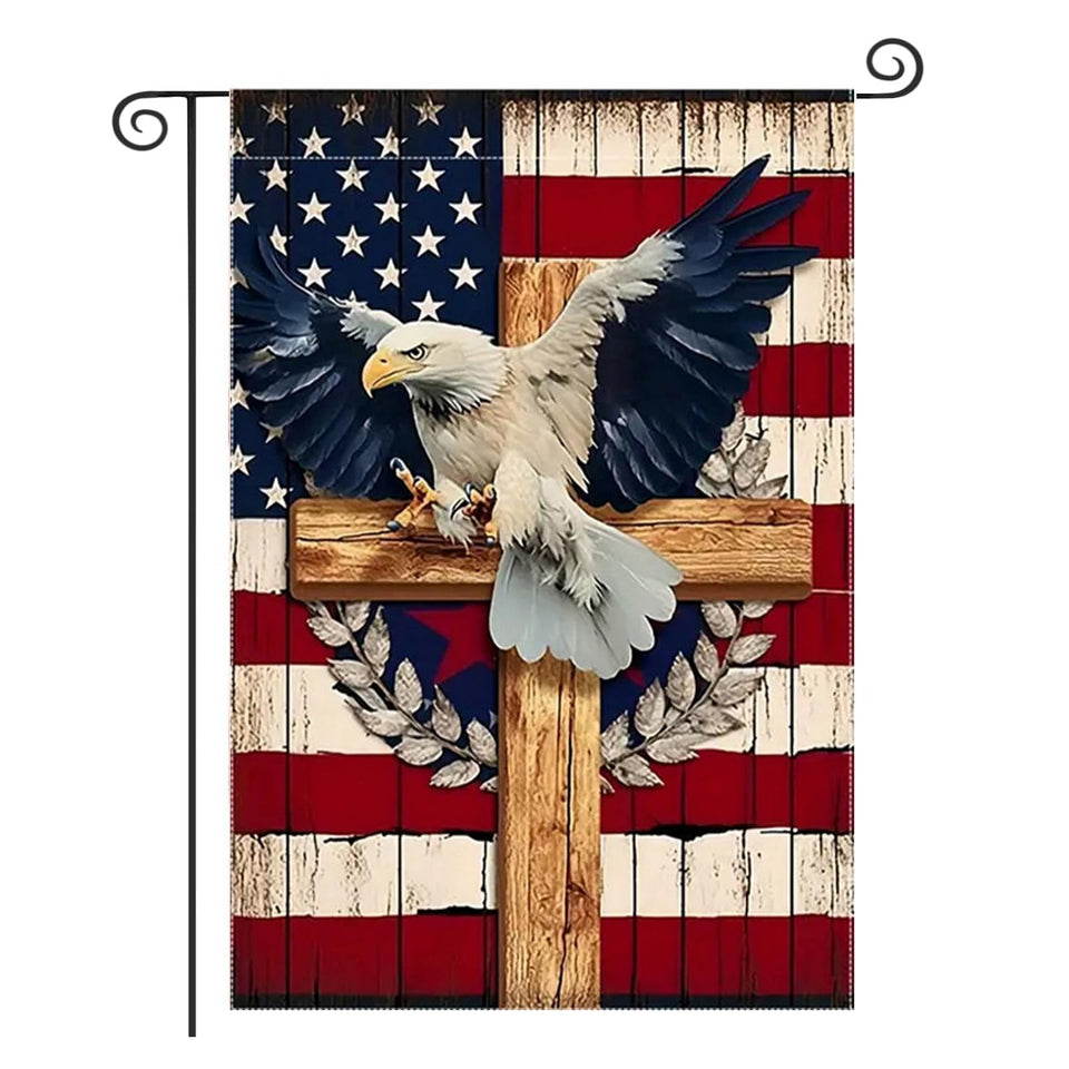 Generic Patriotic Stars and Stripes Eagle garden flag, double-sided for year-round yard display.