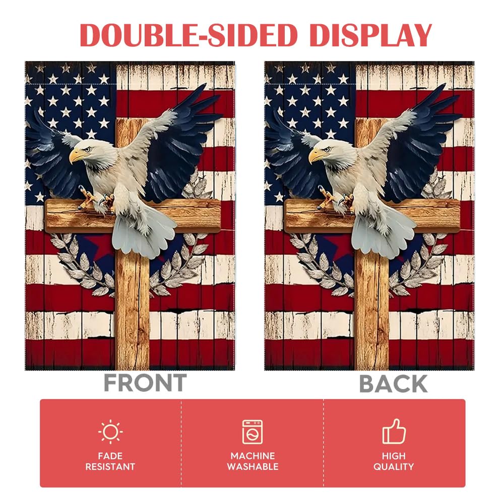 Generic flag features wooden cross accent for meaningful outdoor decor.