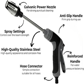 Generic high-pressure water jet from the gun enables fast driveway and wall cleaning.