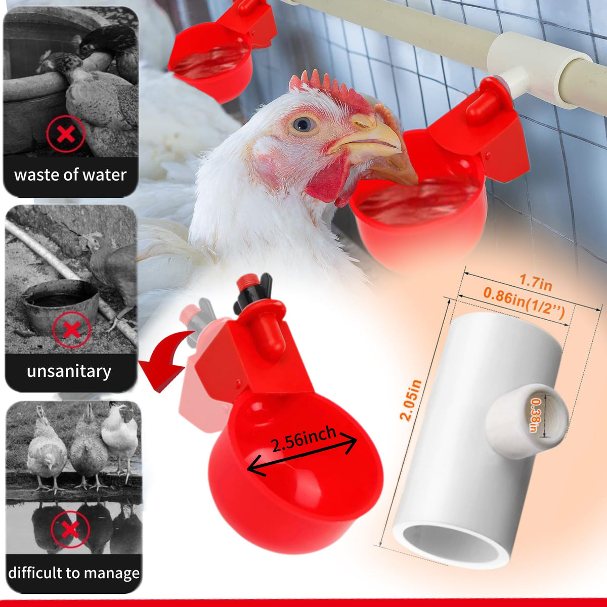 Generic PVC tee fittings close-up for gravity-fed poultry system.