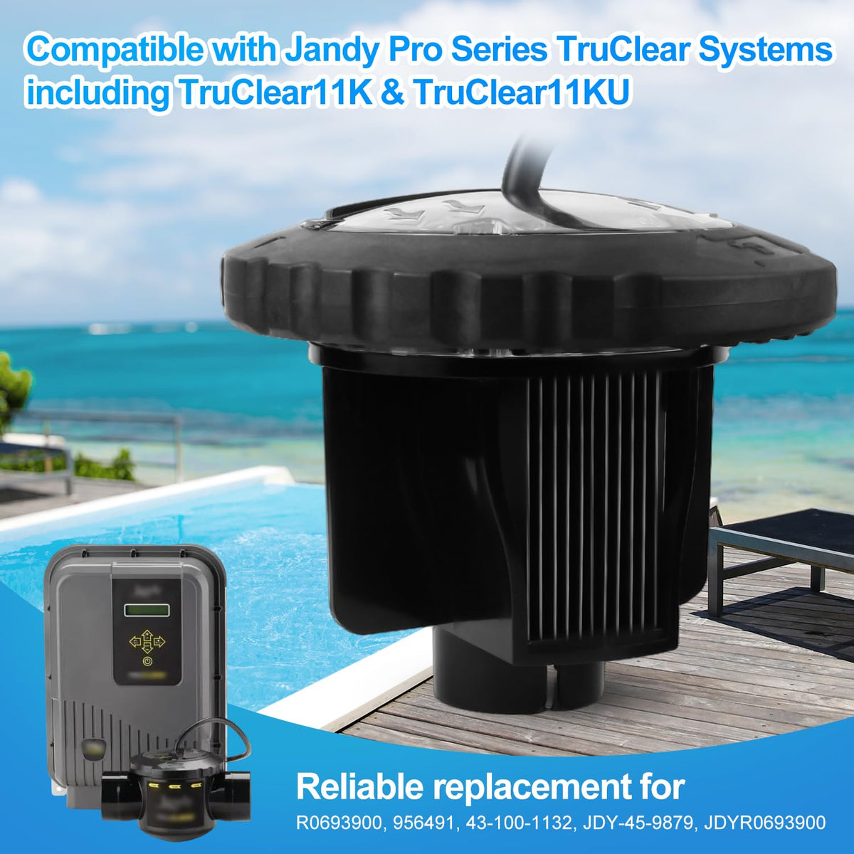 Generic R0693900 salt cell compact design demonstrates space-saving integration with pool equipment.