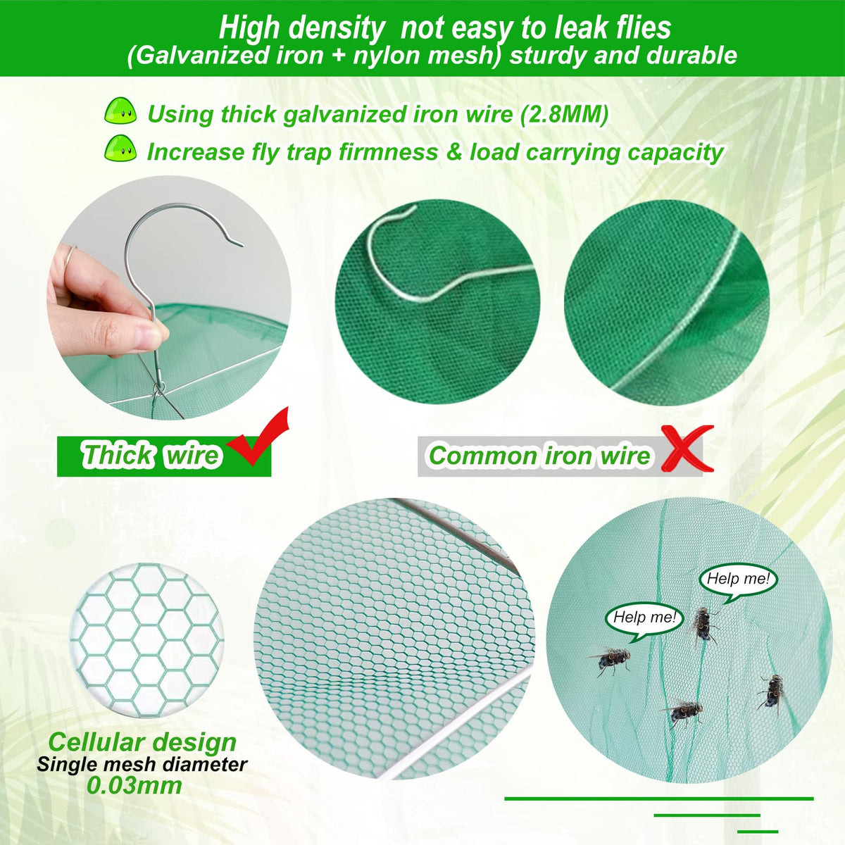 Generic Ranch Fly Trap mesh detail highlights 0.03mm holes for strong fly capture.
