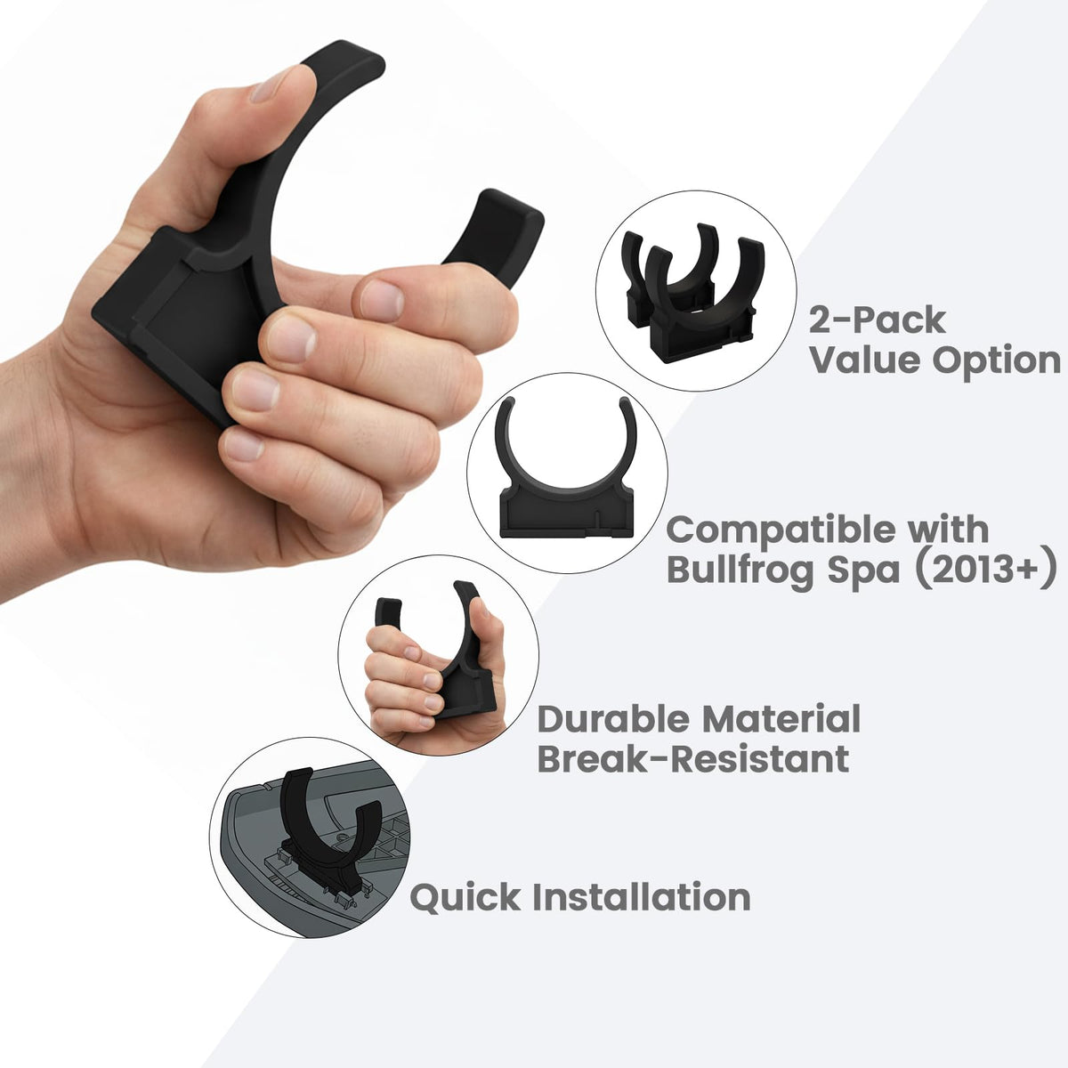 Generic headrest clip for Bullfrog R-series demonstrating tool-free installation.