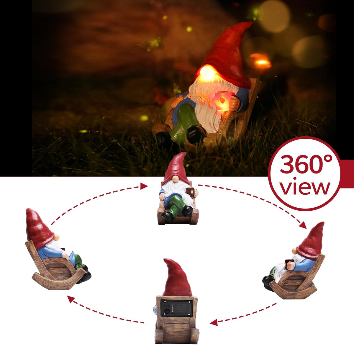 Generic rocking chair gnome with solar glow adds whimsy to garden