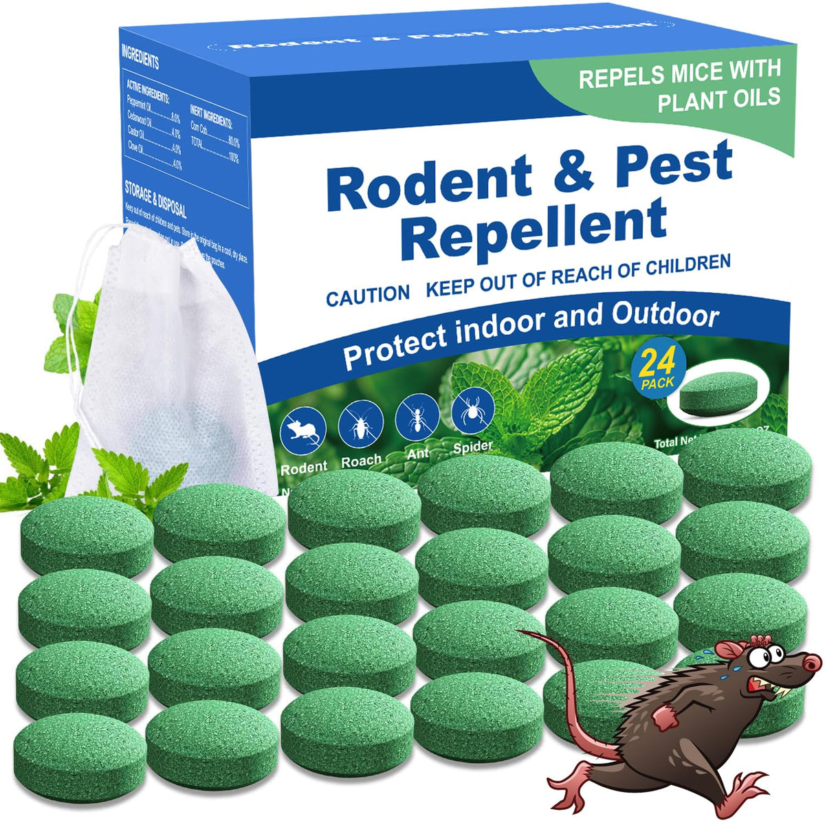 Generic Rodent Repellent pouch releasing peppermint scent to deter mice indoors.