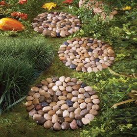 Generic round stepping stones, 9-inch, polished river rocks for garden walkways.
