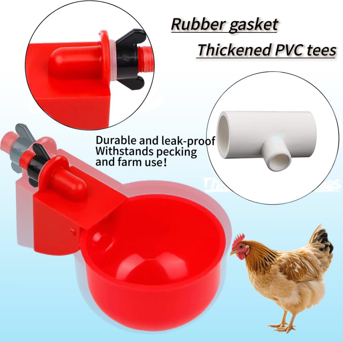 Generic self-filling cups mounted on PVC tee ports for easy watering.