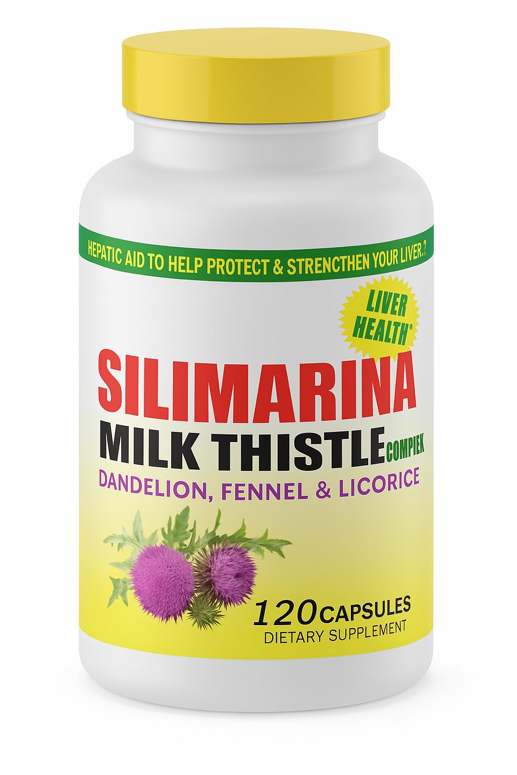 Generic Silimarina and Fennel capsules bottle close-up for liver health support.