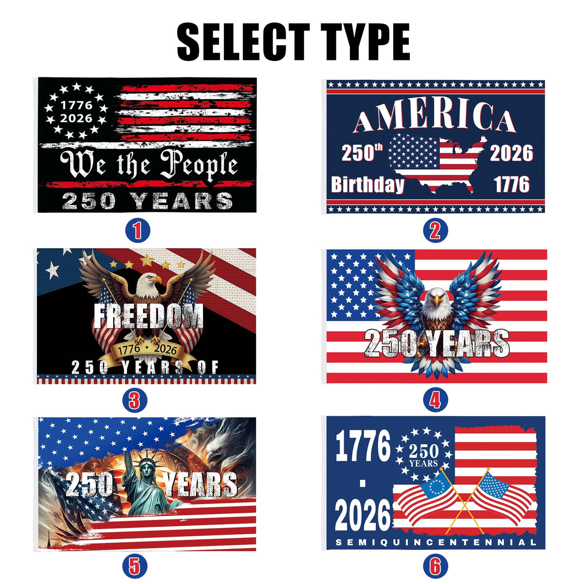 Generic 250th anniversary flag with single-sided printing for bold display.