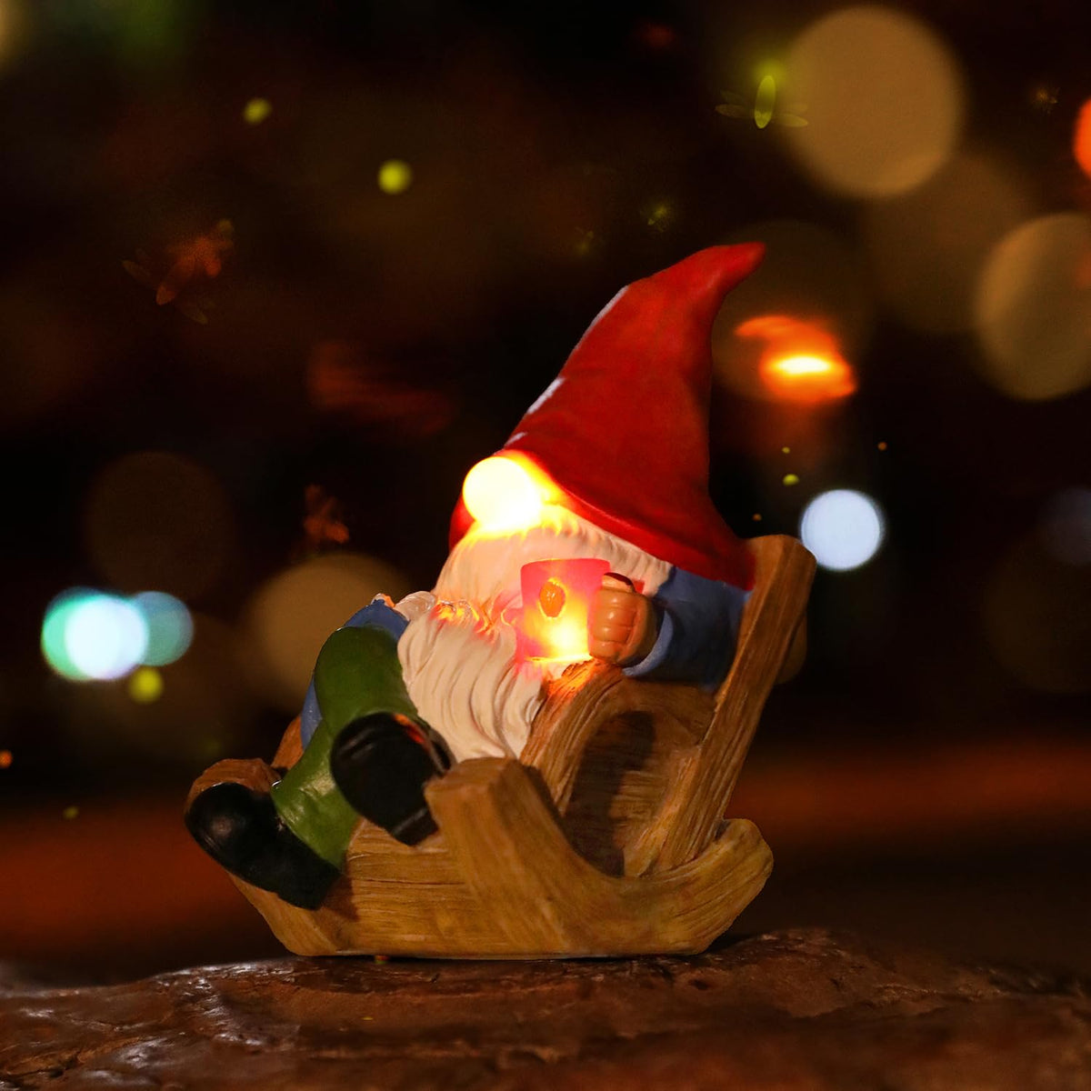 Generic solar-powered gnome statue illuminates entryways