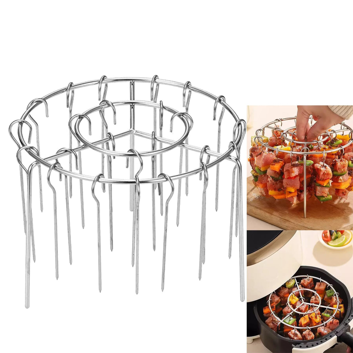 Generic stainless steel air fryer skewers on circular hanging rack ensuring even heating.