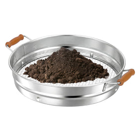 Generic stainless steel soil sifter with wood handle, rustproof mesh for durable garden screening.