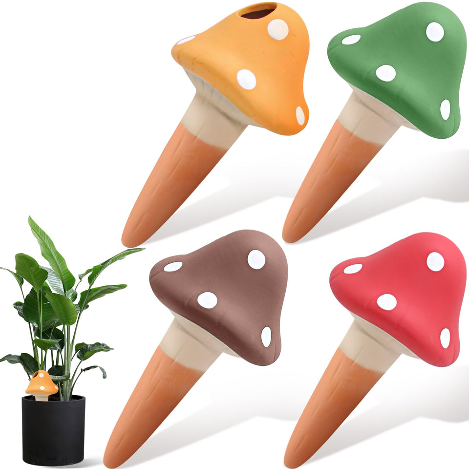 Generic mushroom-shaped terracotta self-watering spike delivers steady moisture to plant roots.