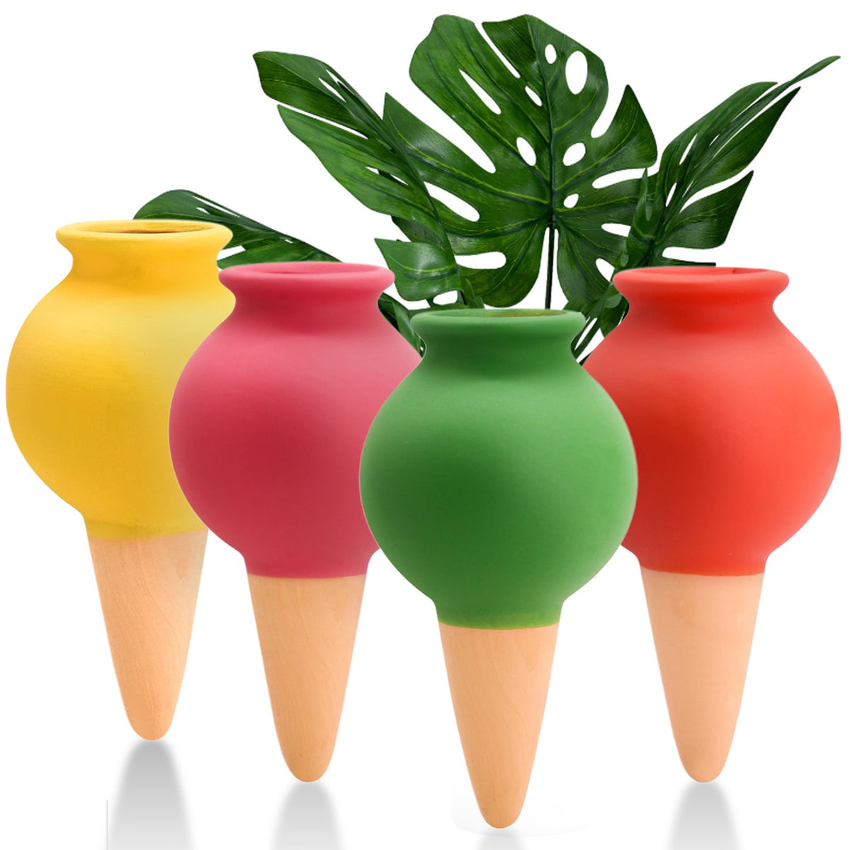 Generic terracotta watering spike in soil delivers steady moisture to roots