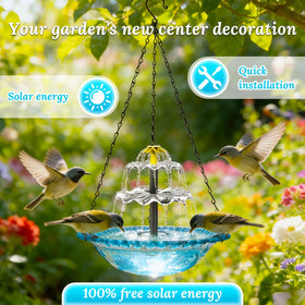 Generic three-layer hanging bird bath showcases layered design for multi-depth bathing and water display
