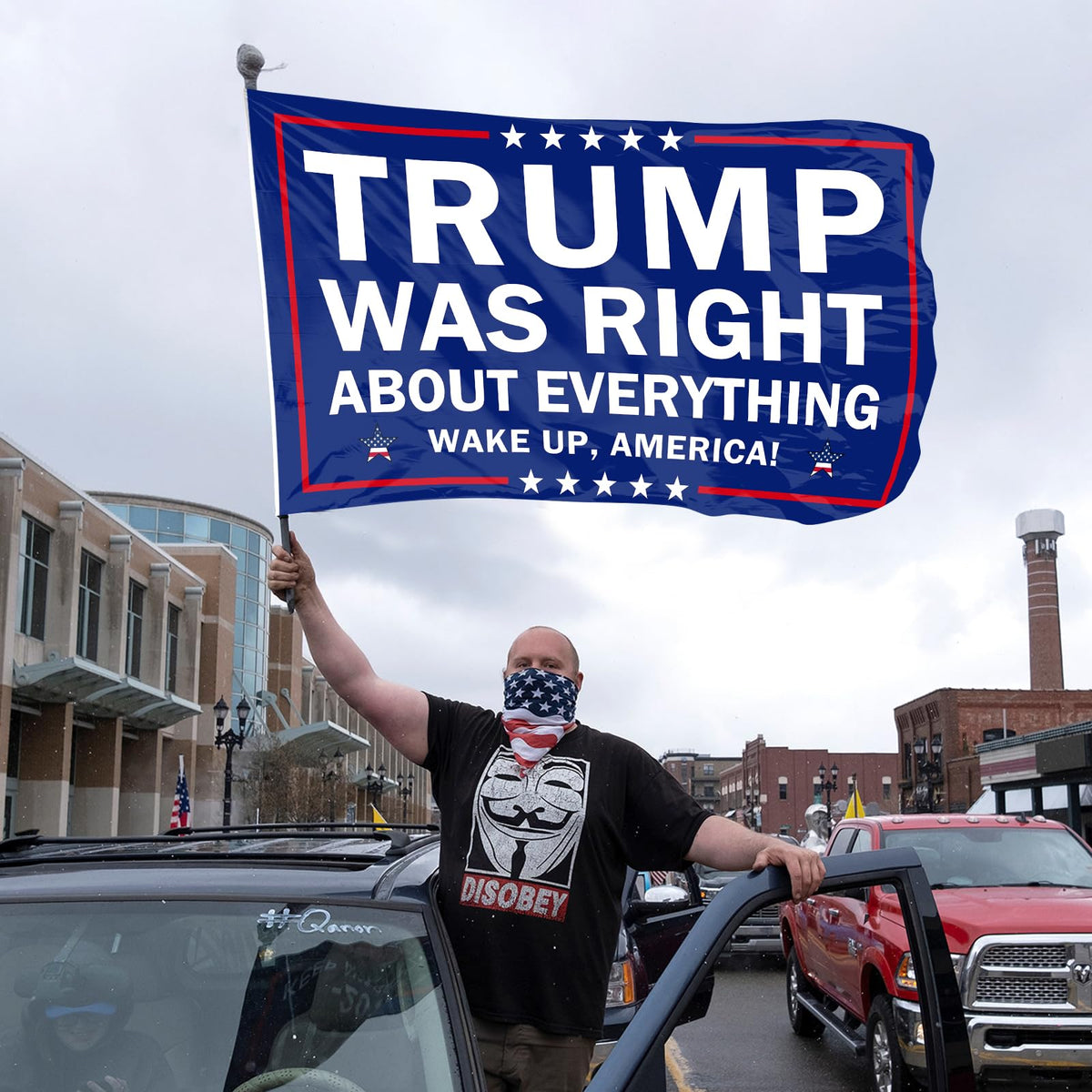 Generic Trump Was Right banner garden display on fence