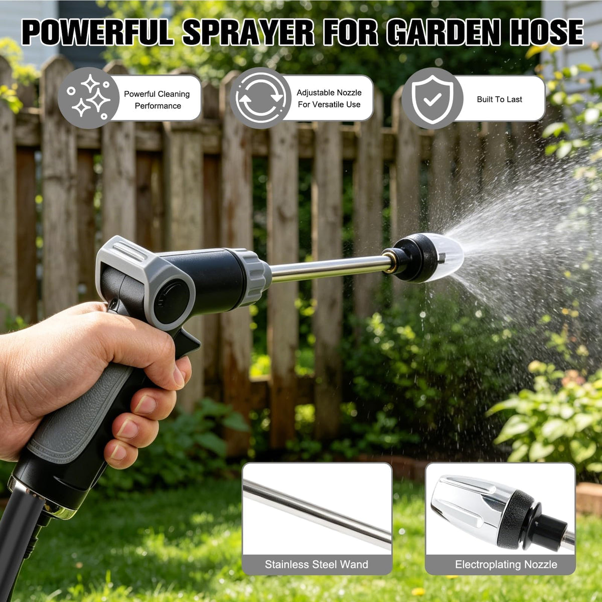 Generic Turn Hose Adjustable Spray Patterns shows versatile mist to jet for precise tasks.