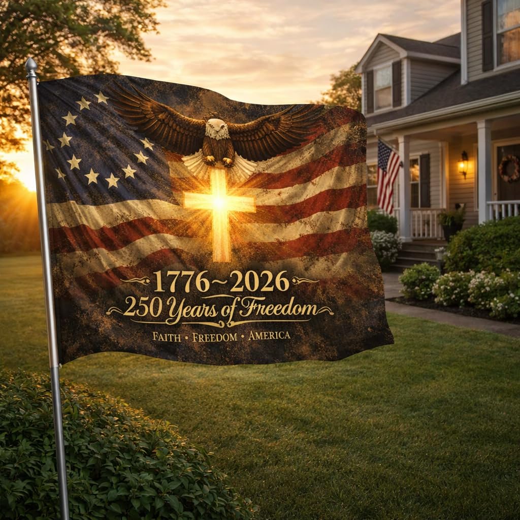 Generic US 250 flag close-up stitching highlights durable construction.