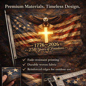 Generic US 250 flag double-sided print ensures readability from both directions.