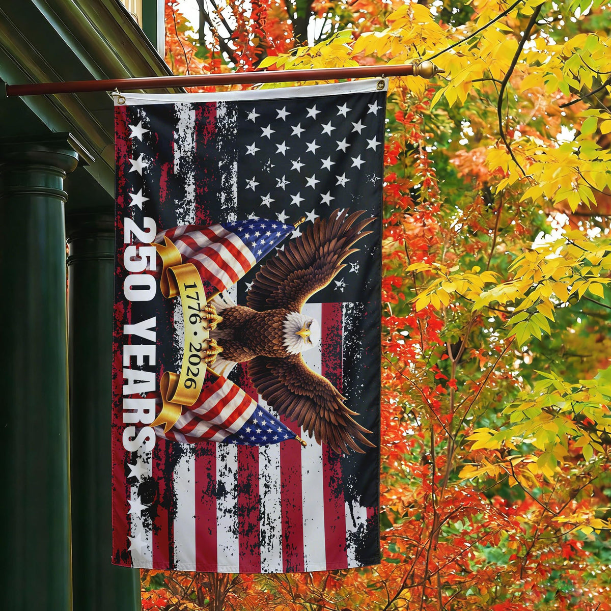 Generic 250th flag close-up highlighting vibrant colors.