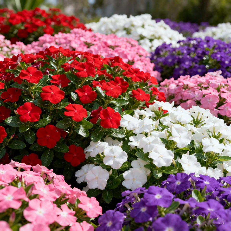 Generic Vinca Periwinkle ground-cover seeds form a lush carpet across garden beds.