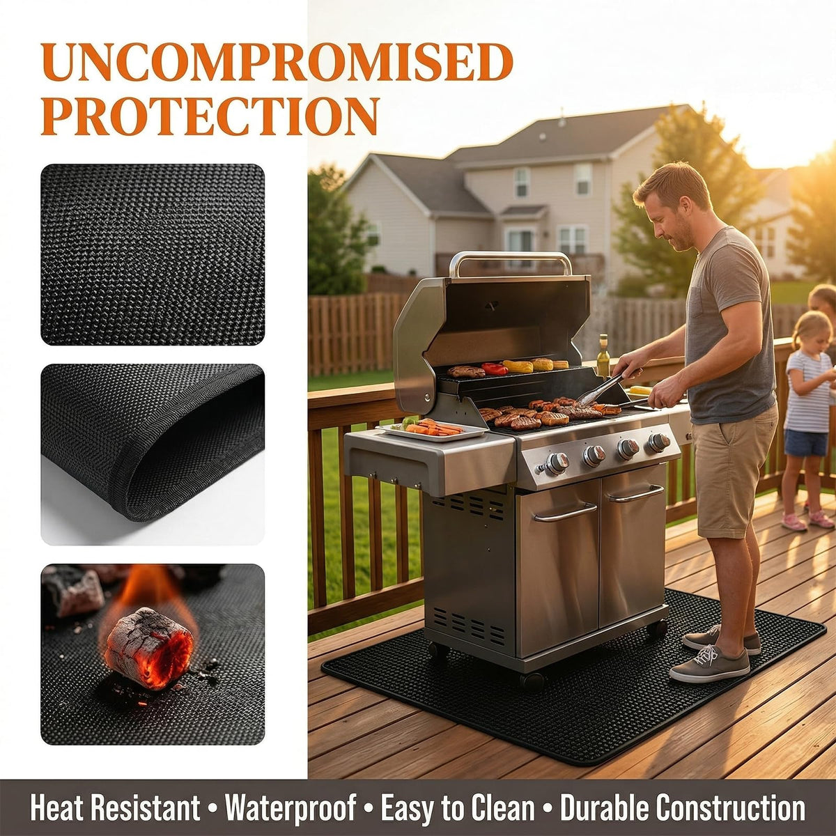 Generic water-repellent mat simplifies cleanup after grilling.