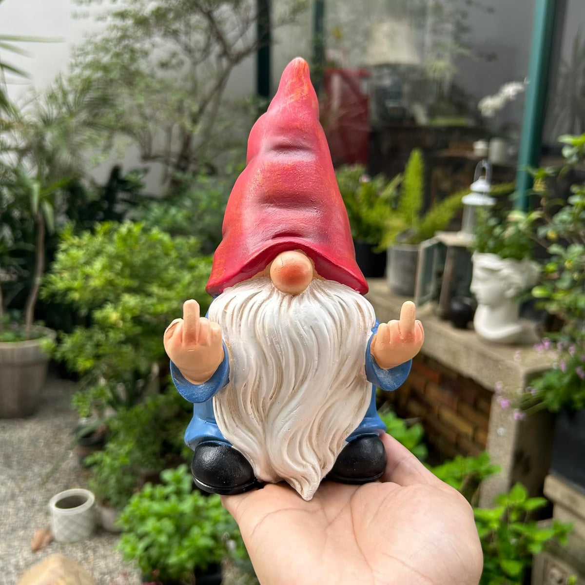 Generic weather-resistant gnome figurine withstands outdoor conditions.