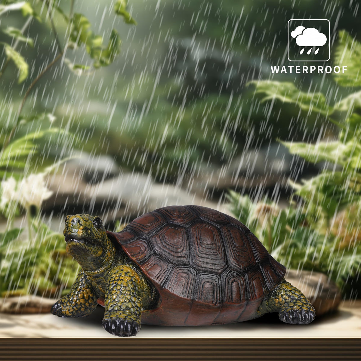 Generic turtle statue beside pond edge creates a serene focal point.