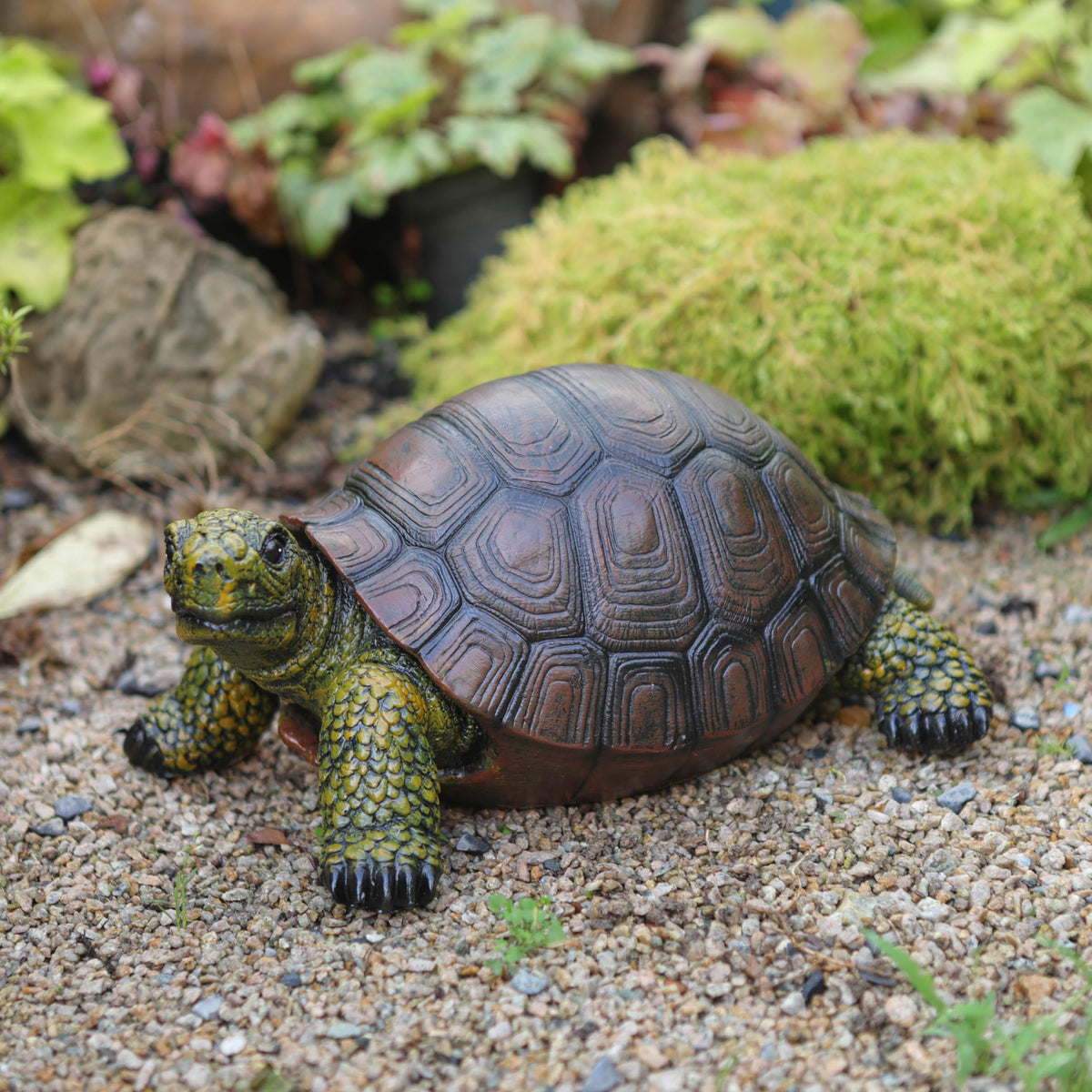 Generic weather-resistant turtle statue in winter scene demonstrates all-weather durability.