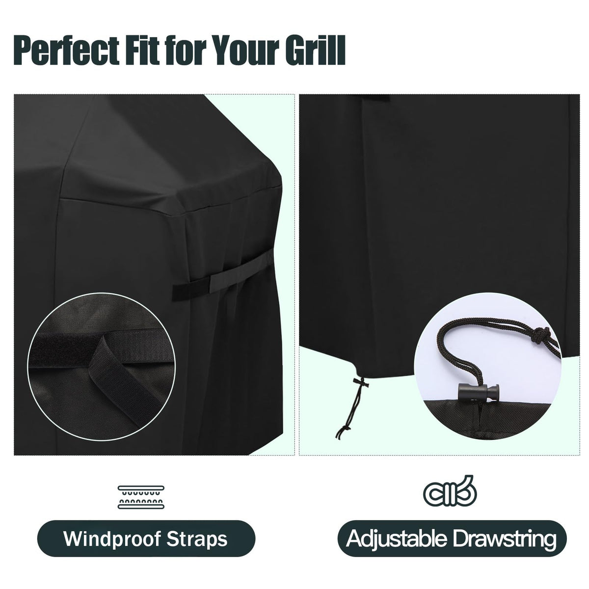 Windproof straps and adjustable drawstring secure the cover on Weber Spirit