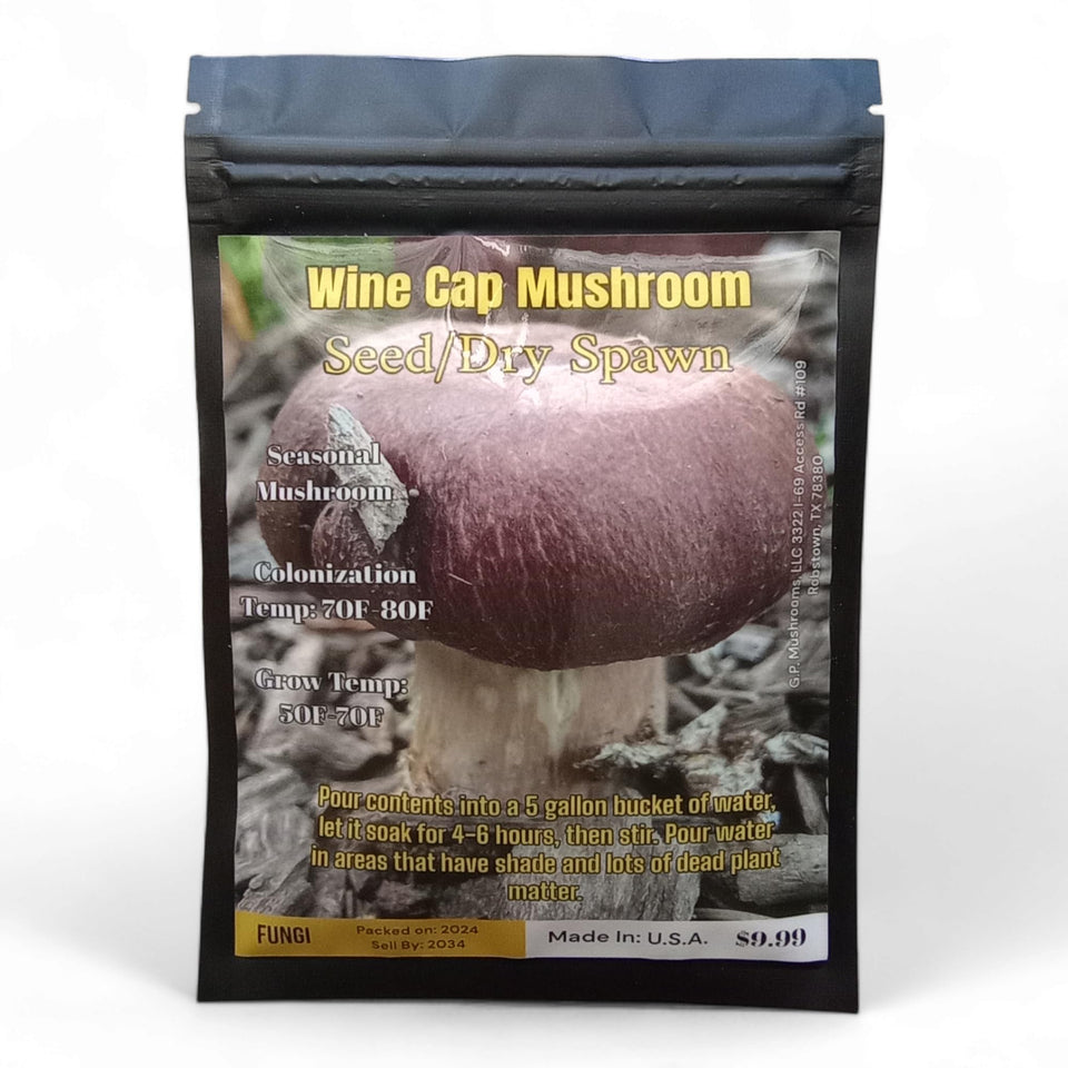 Generic Wine Cap Seed/Dry Spawn pack for year-round outdoor cultivation.