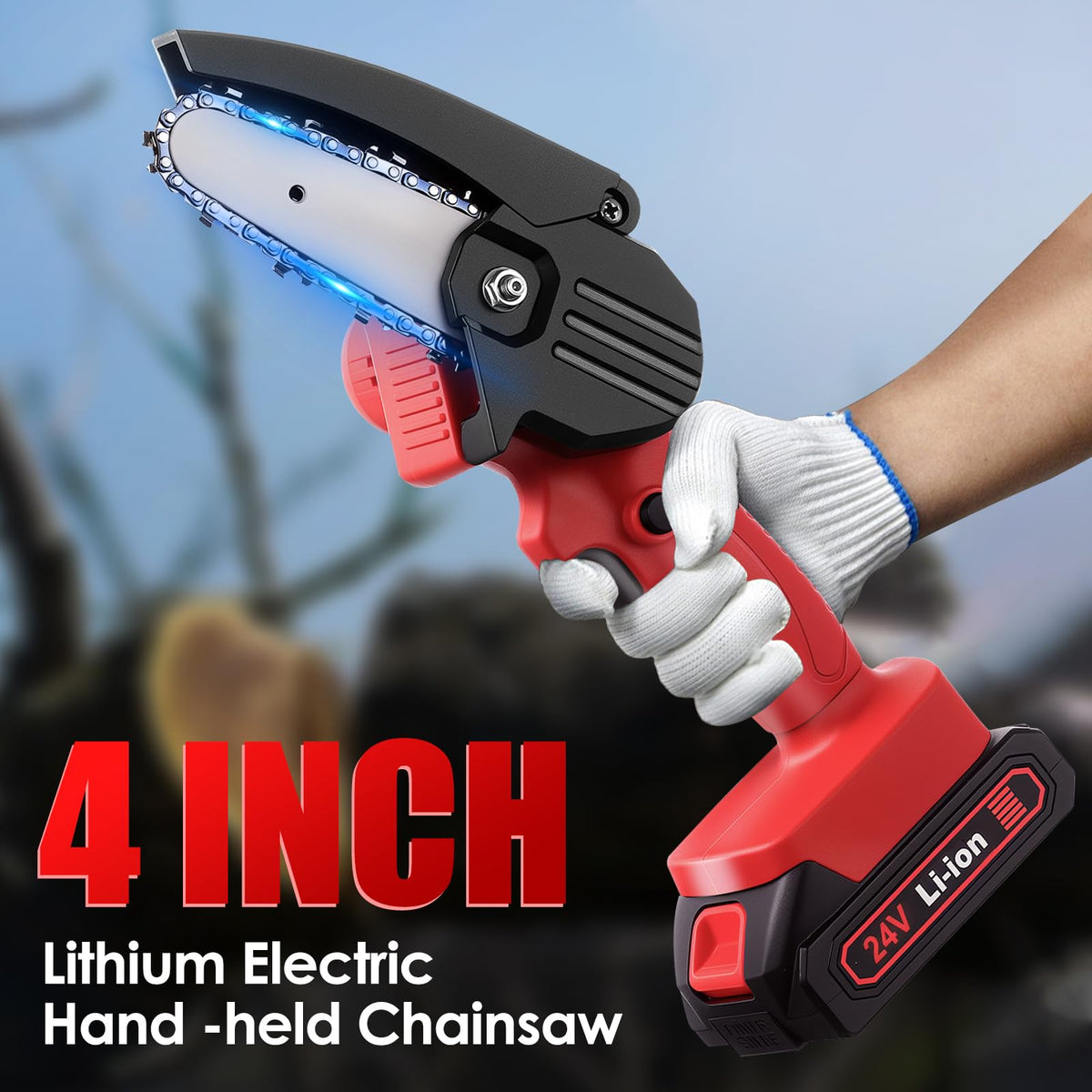 Generic Wood Ranger Mini Chainsaw in action in the yard for branch cleanup