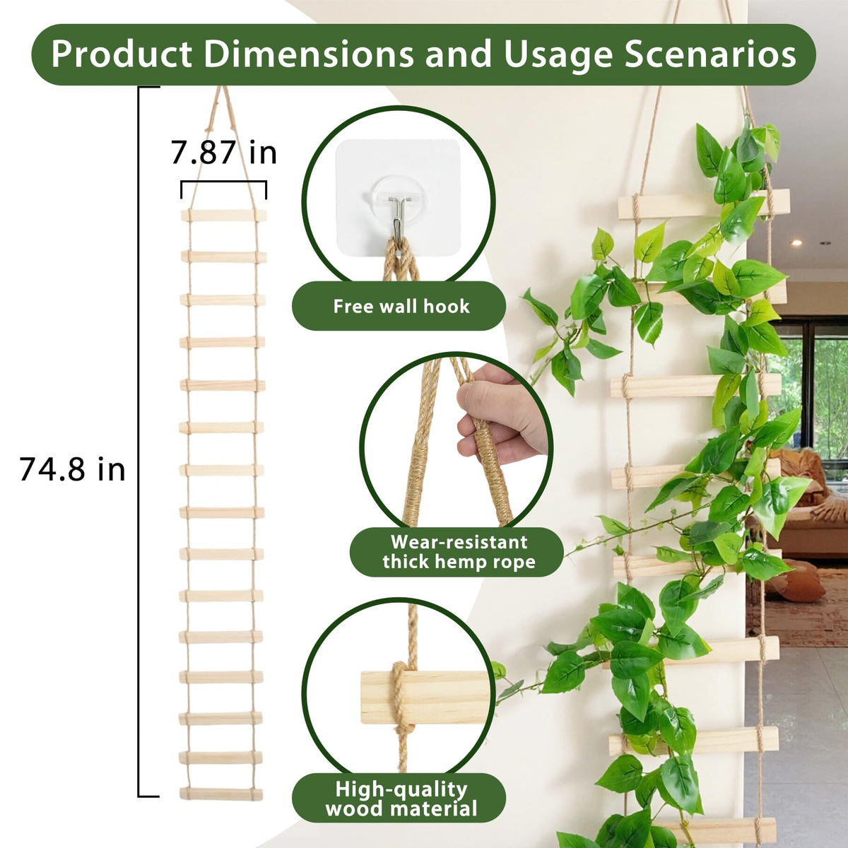 Generic wooden ladder trellis mounted indoors using hooks for easy, tool-free setup.