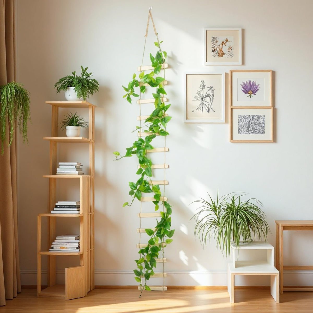 Generic wooden ladder trellis with pothos demonstrates vertical gardening on balconies.
