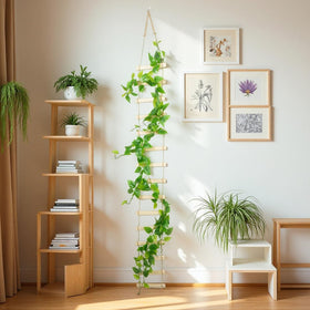 Generic wooden ladder trellis with pothos demonstrates vertical gardening on balconies.