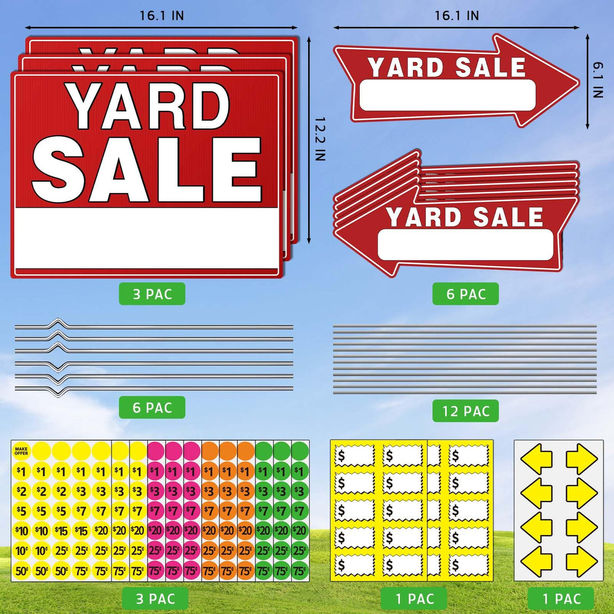 Generic yard sale arrows with stakes provide clear directions for visitors.