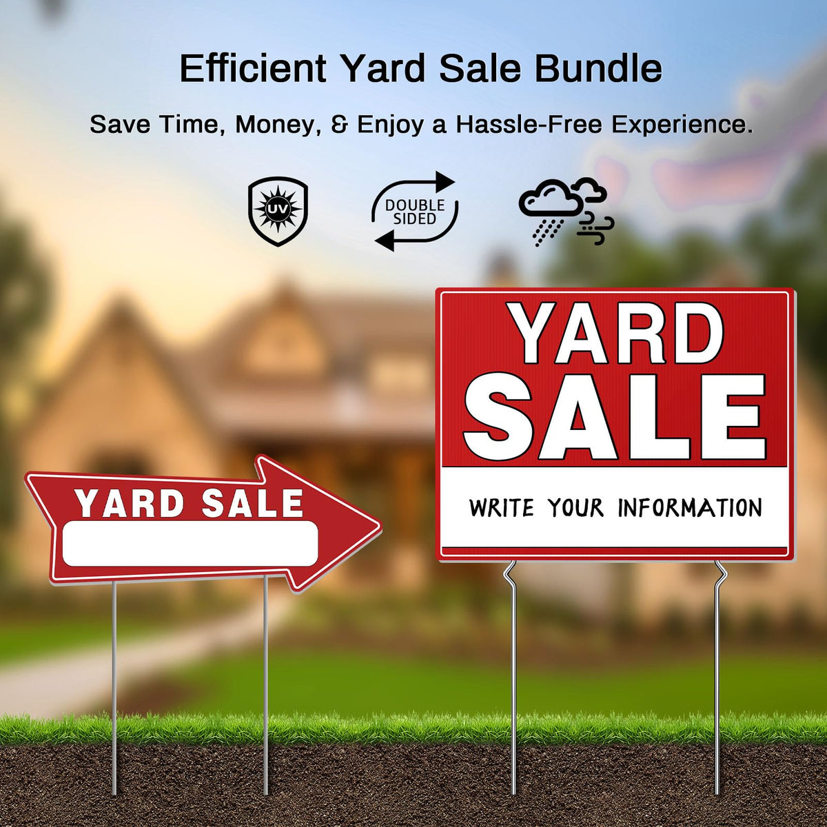 Generic yard sale neon stickers boost visibility of offers.