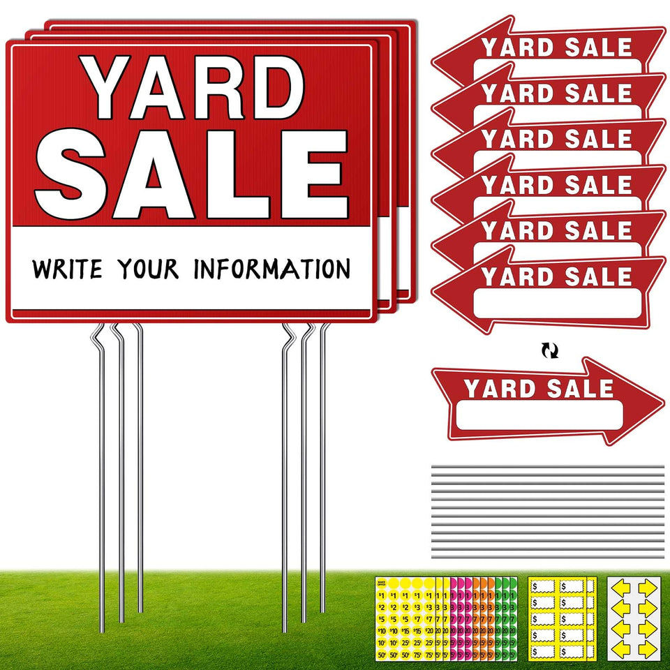 Generic Yard Sale Signs with double-sided panels and stakes attract curb attention.