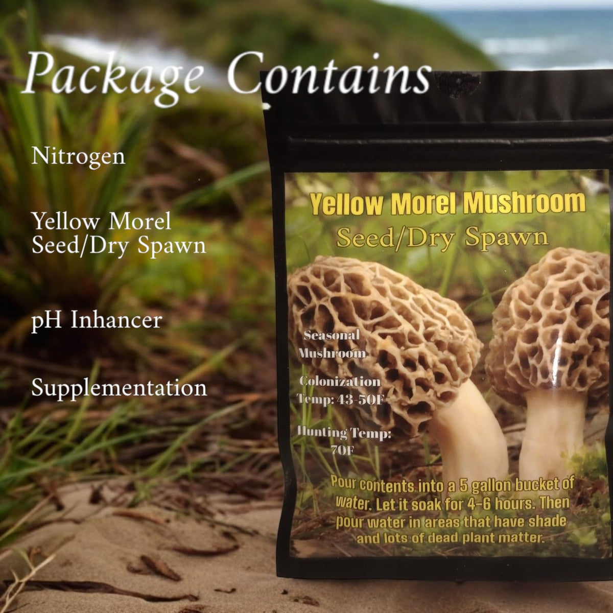 Generic Yellow Morel seed/dry spawn garden setup supports outdoor cultivation.