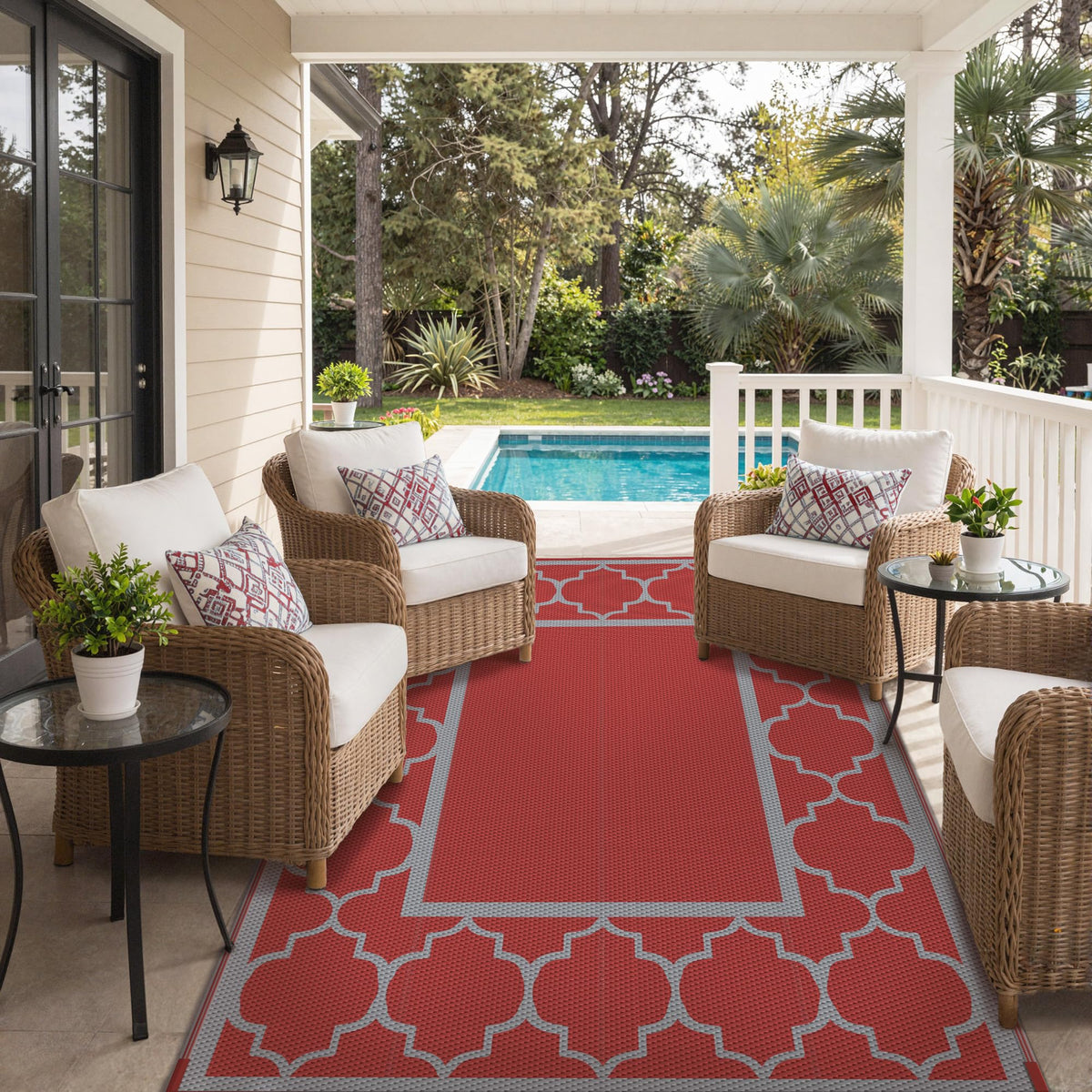 GENIMO rug showcases blue and white contrast for modern outdoor spaces.