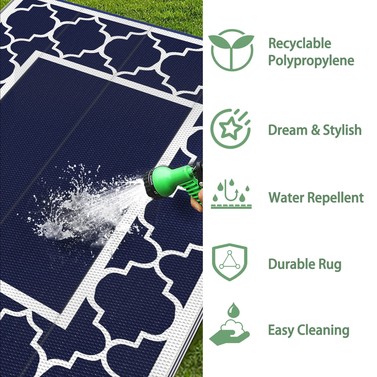 GENIMO fast-drying outdoor rug under a chair on a porch or deck.